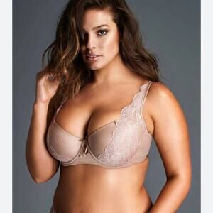 Ashley Graham Plus Basic Diva Lace-Trim Keyhole Bra Beige Pinstripe Size 36DD